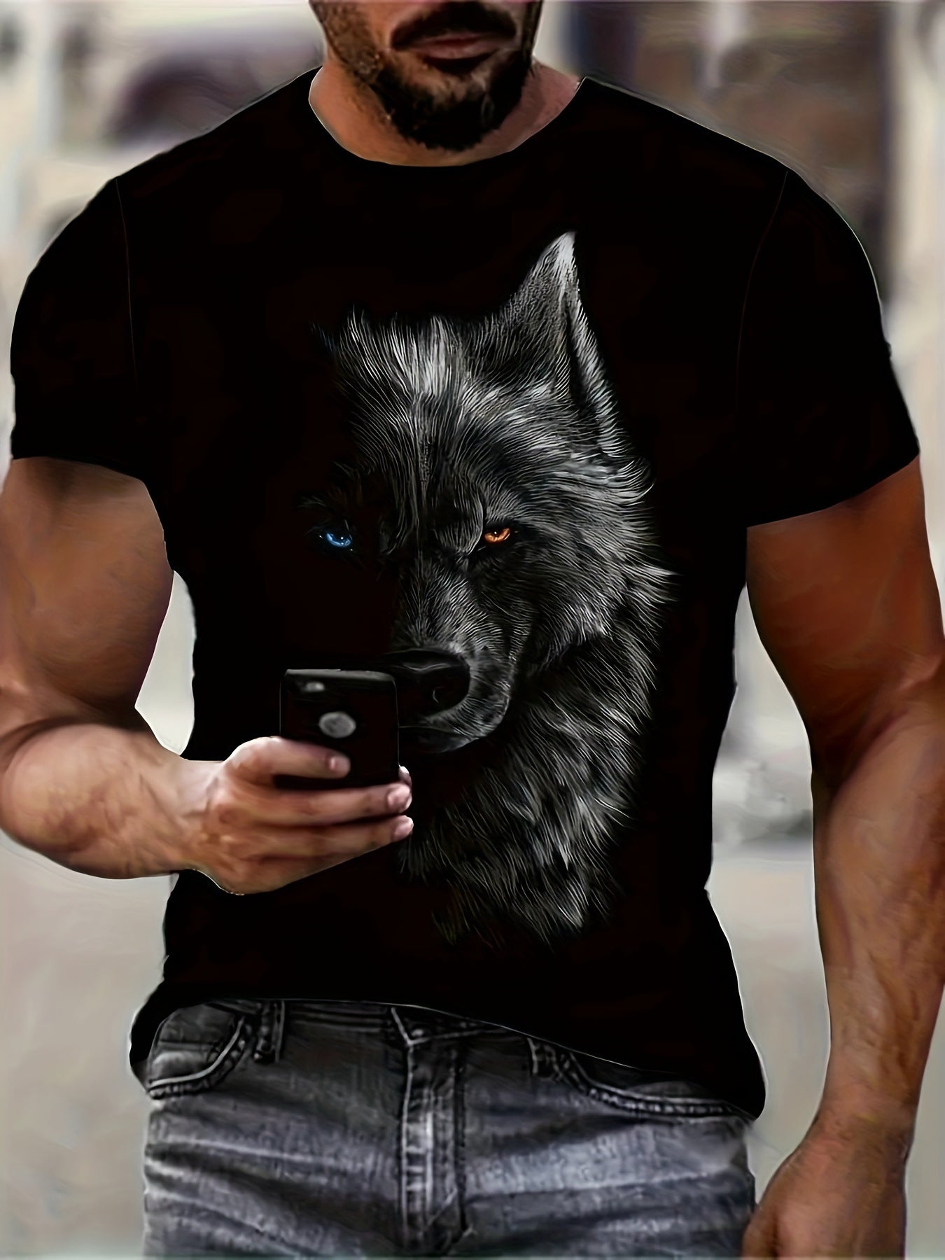 3D Digital Cool Wolf Contrast Color Eye Pattern Round Neck T-shirt, Men's Summer Outdoor Activity Fashion Top - ARCHSHOPE