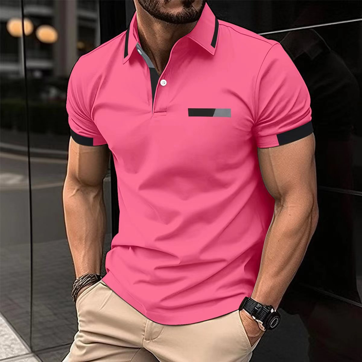 Men's Casual Polo Shirt Chest Faux Pocket Lapel Button Business T-shirt - ARCHSHOPE