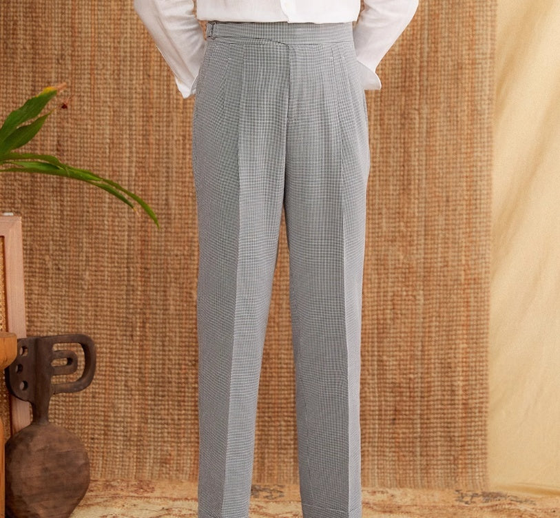 Pantalon droit taille haute pied-de-poule, pantalon de costume napolitain polyvalent et respirant, décontracté