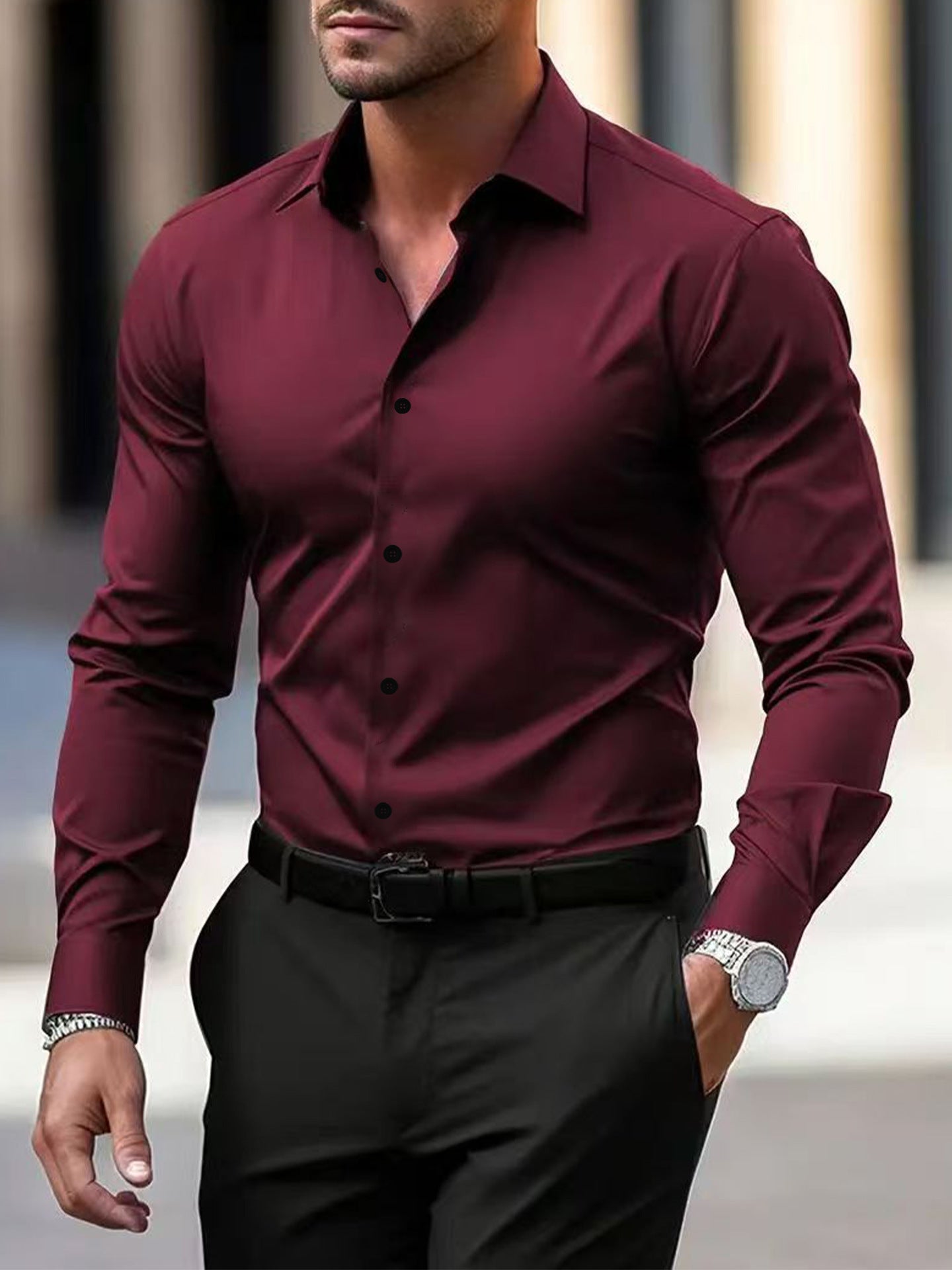 Chemise homme boutonnée, couleur unie, manches longues, revers, style décontracté, idéal pour les vacances