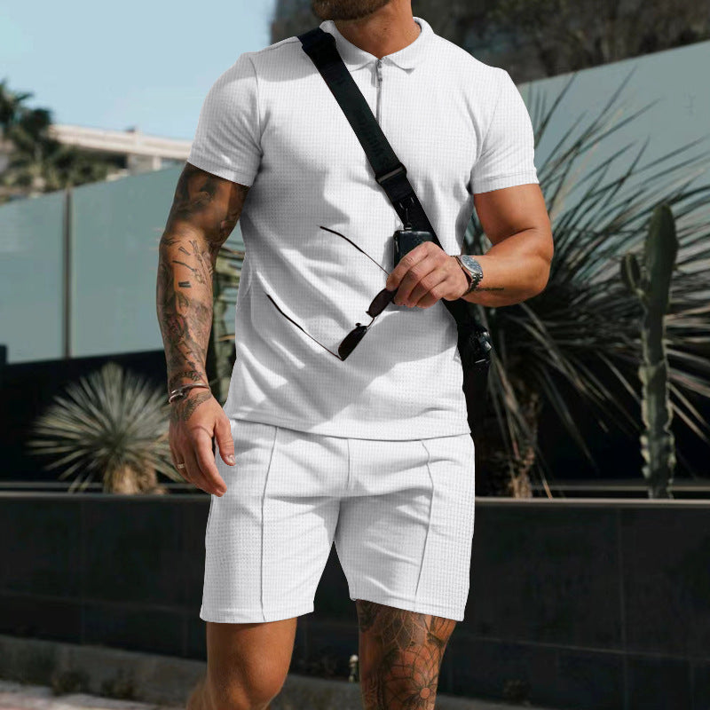 Men's Short Sleeve Shorts Casual Suit Summer Waffle Solid Color Casual Loose Lapels T-shirt Suit Men - ARCHSHOPE