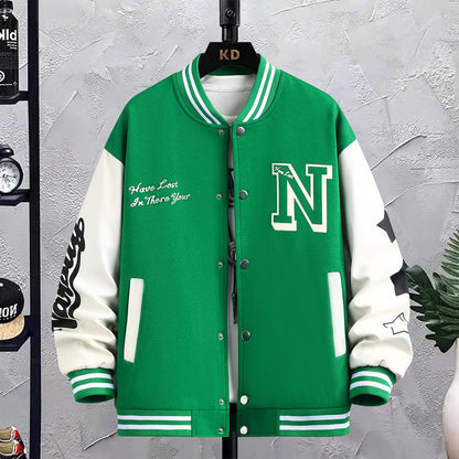Buchstabendruck-Farbblockjacke Ins Fashion Loose Button Rundhals-Baseballmantel Top für Männer