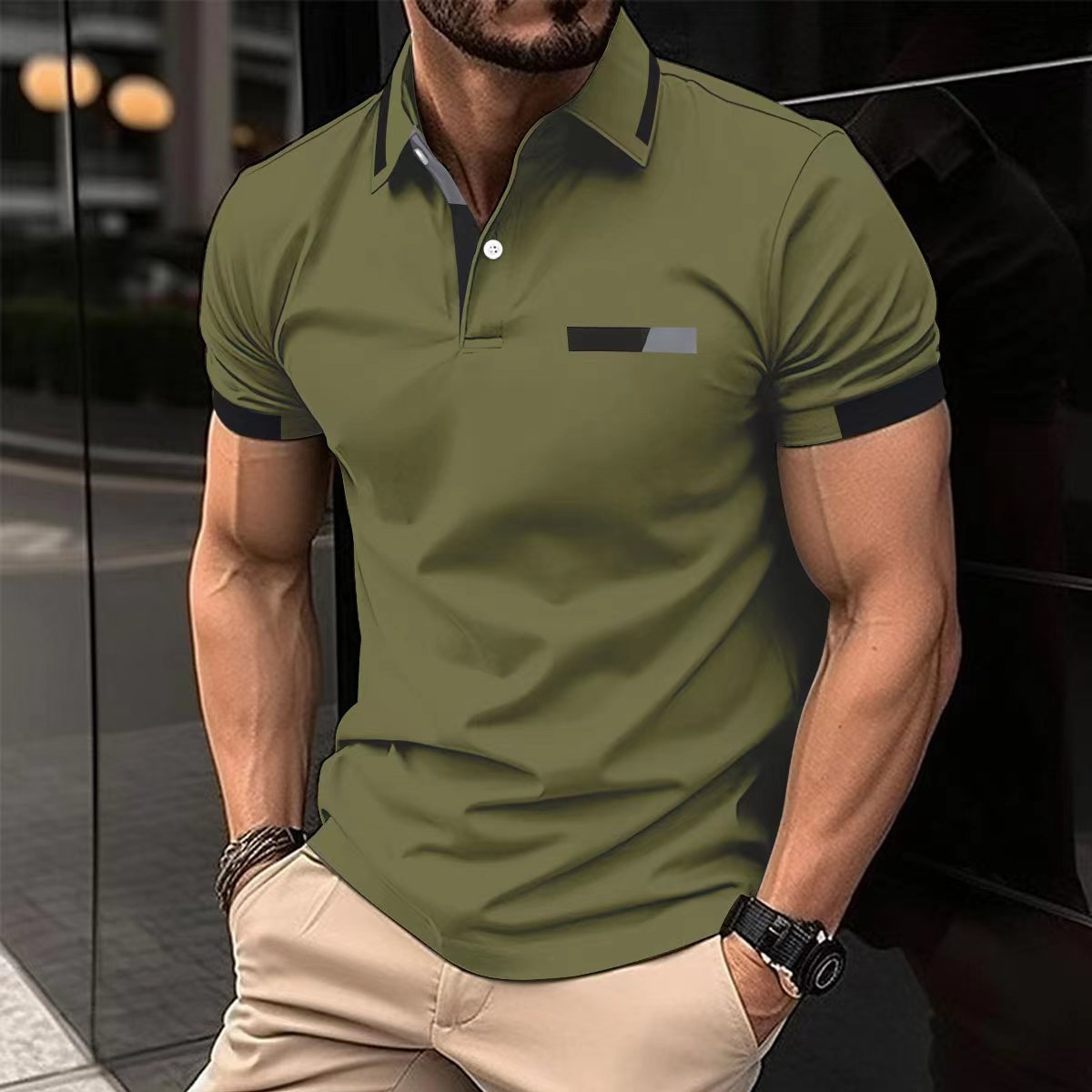 Men's Casual Polo Shirt Chest Faux Pocket Lapel Button Business T-shirt - ARCHSHOPE
