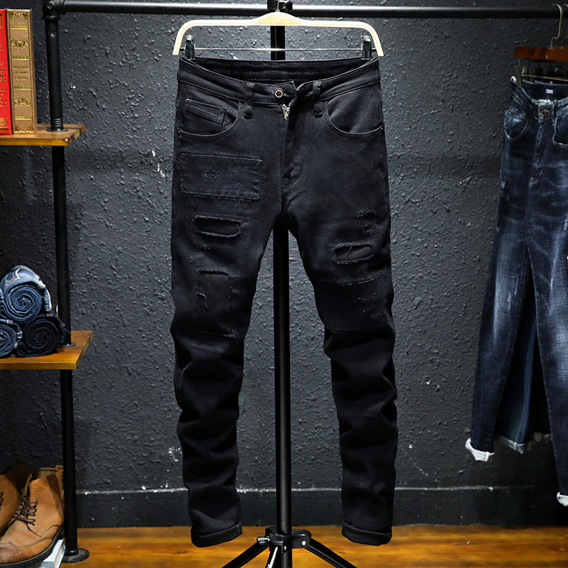 Printemps et été nouveaux jeans pur noir déchiré stretch jeans hommes noir jeans hommes