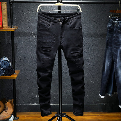 Printemps et été nouveaux jeans pur noir déchiré stretch jeans hommes noir jeans hommes