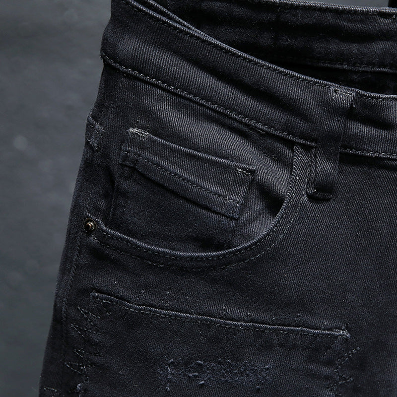 Printemps et été nouveaux jeans pur noir déchiré stretch jeans hommes noir jeans hommes