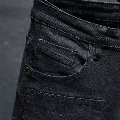 Printemps et été nouveaux jeans pur noir déchiré stretch jeans hommes noir jeans hommes