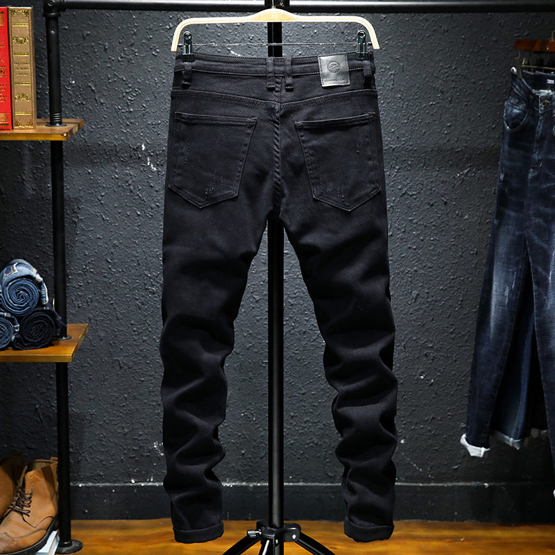 Printemps et été nouveaux jeans pur noir déchiré stretch jeans hommes noir jeans hommes