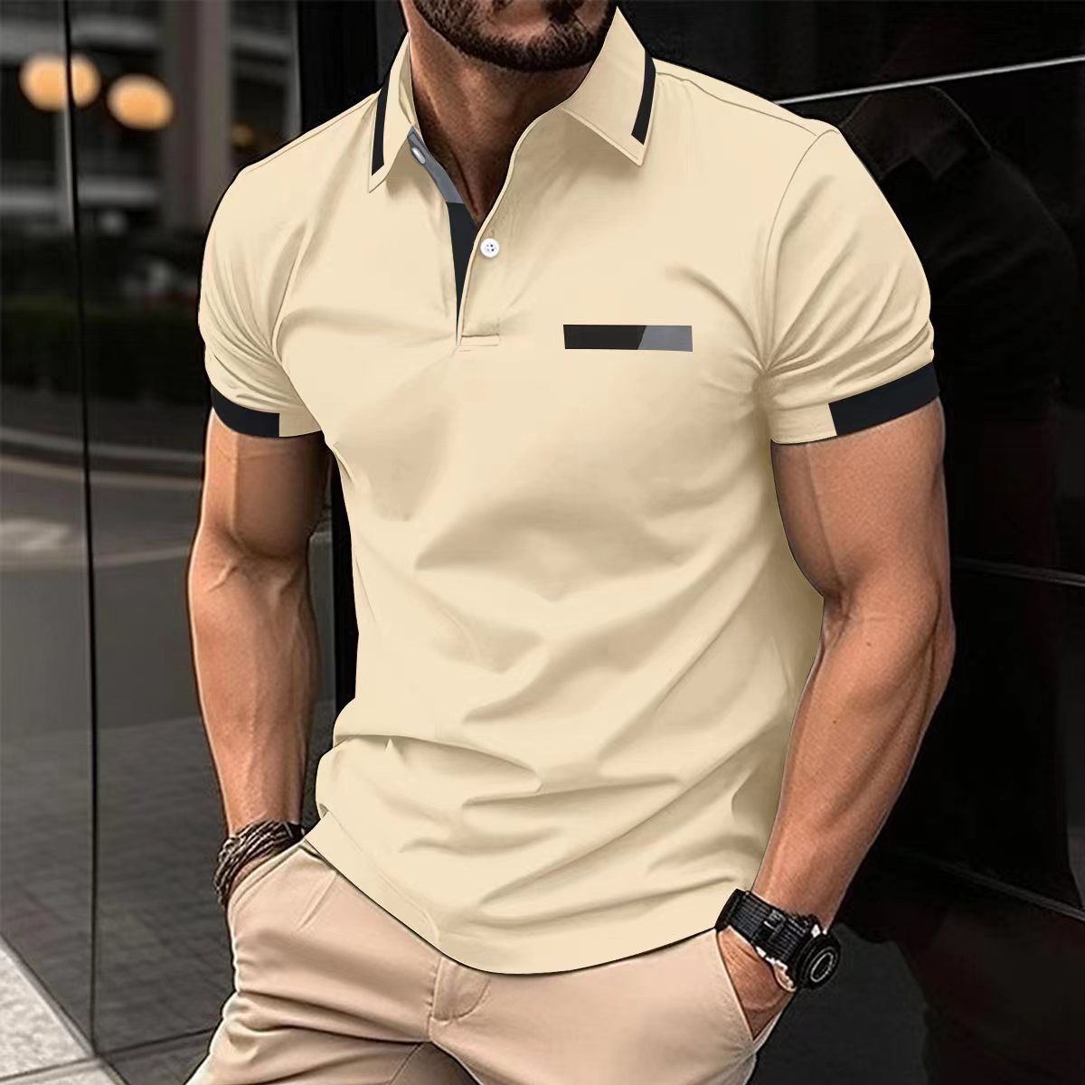 Men's Casual Polo Shirt Chest Faux Pocket Lapel Button Business T-shirt - ARCHSHOPE