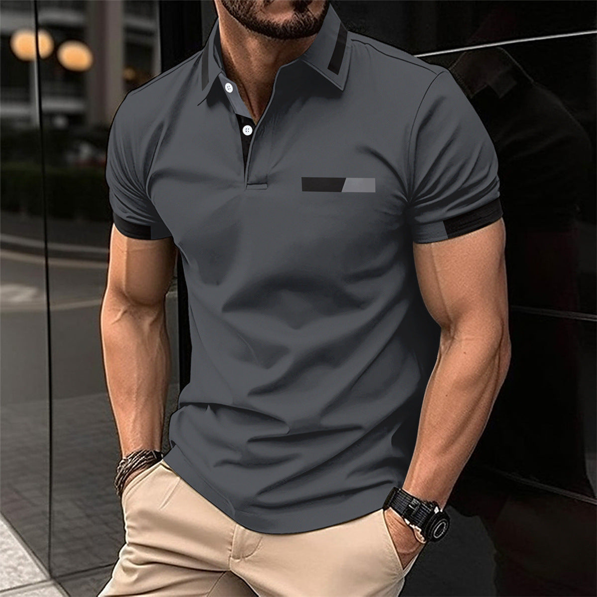 Men's Casual Polo Shirt Chest Faux Pocket Lapel Button Business T-shirt - ARCHSHOPE