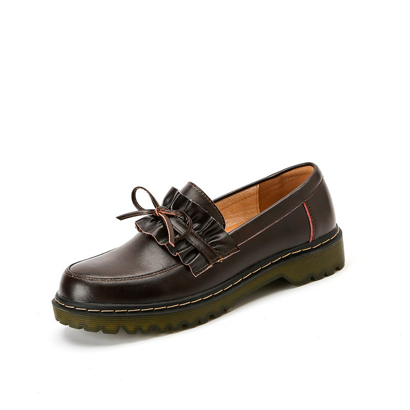 British Style Round Head Chunky Heel Small Leather Shoes For Women