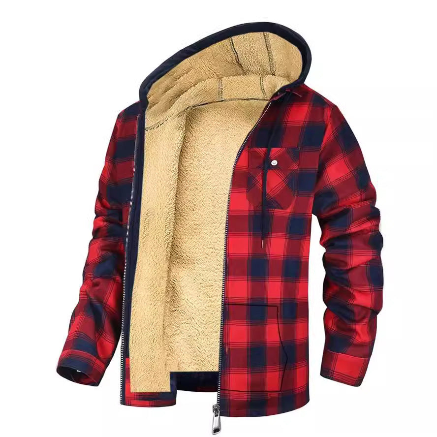 Veste à capuche zippée à imprimé écossais pour homme, manteau d'hiver épais en coton rembourré, vêtements chauds
