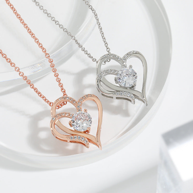 Zircon Double Love Necklace With Rhinestones Ins Personalized Heart-shaped Necklace Clavicle Chain Jewelry For Women Valentine's Day - ARCHSHOPE