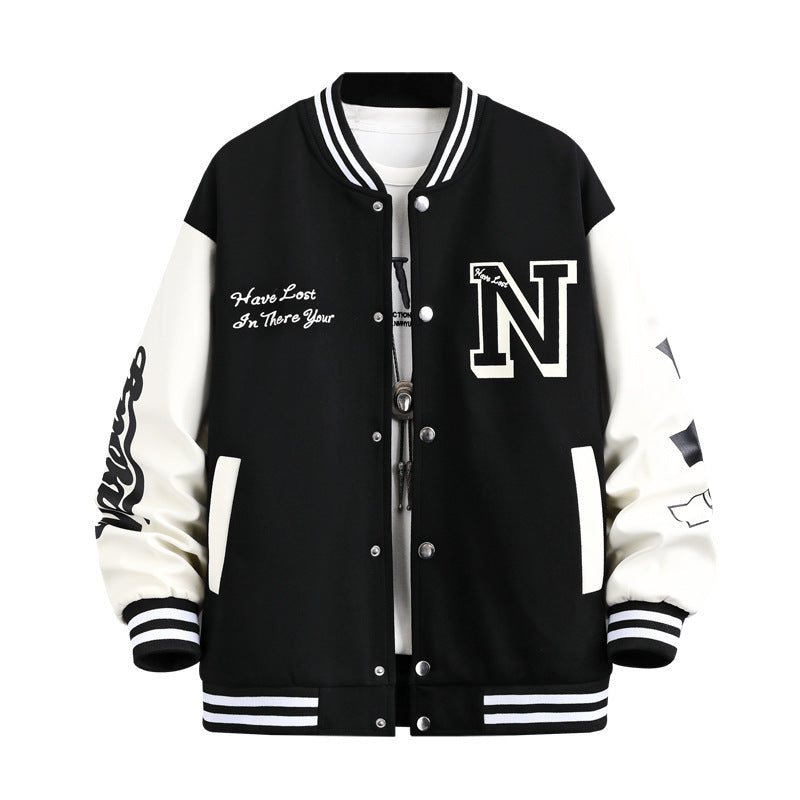 Buchstabendruck-Farbblockjacke Ins Fashion Loose Button Rundhals-Baseballmantel Top für Männer