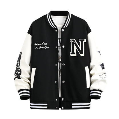 Buchstabendruck-Farbblockjacke Ins Fashion Loose Button Rundhals-Baseballmantel Top für Männer