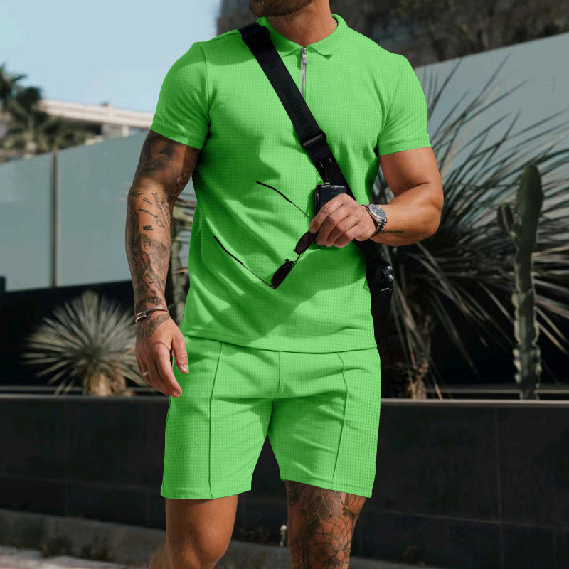 Men's Short Sleeve Shorts Casual Suit Summer Waffle Solid Color Casual Loose Lapels T-shirt Suit Men - ARCHSHOPE