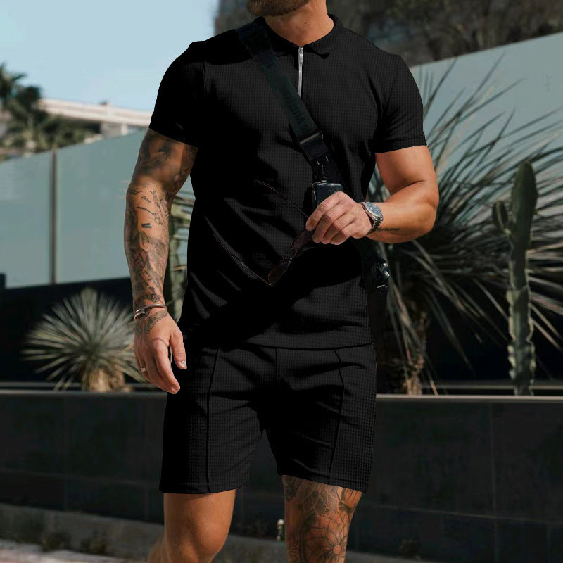 Men's Short Sleeve Shorts Casual Suit Summer Waffle Solid Color Casual Loose Lapels T-shirt Suit Men - ARCHSHOPE