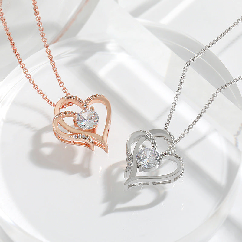 Zircon Double Love Necklace With Rhinestones Ins Personalized Heart-shaped Necklace Clavicle Chain Jewelry For Women Valentine's Day - ARCHSHOPE