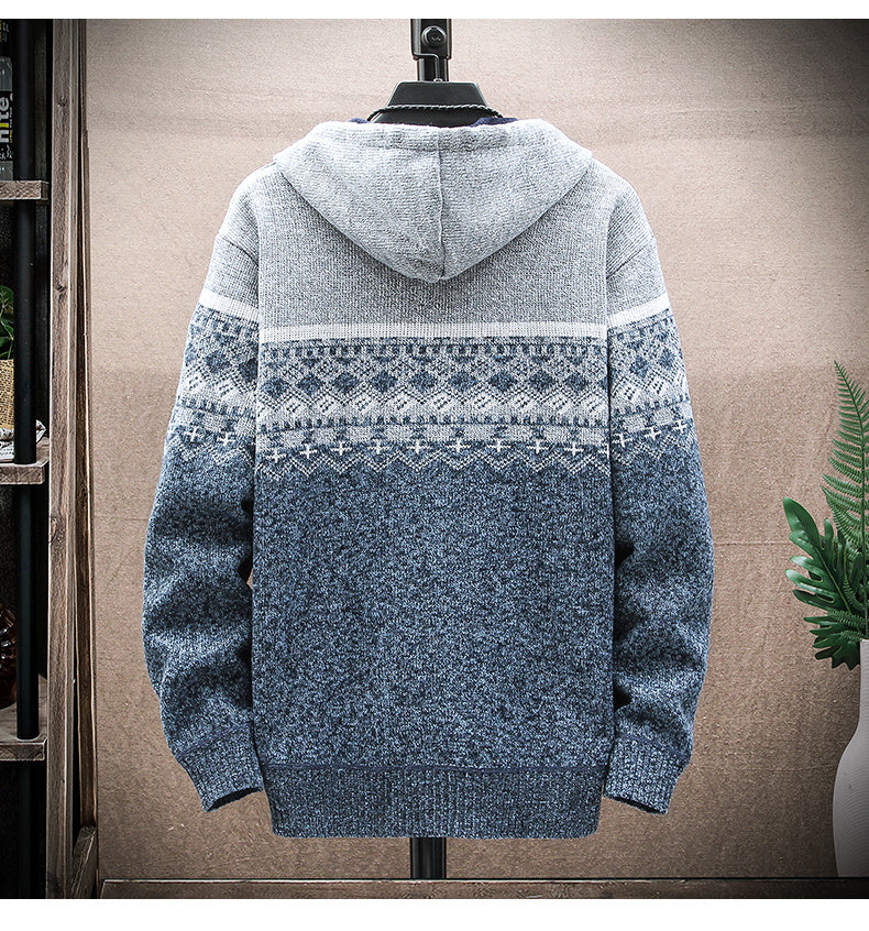 Hooded Cardigan Knitted Thick Plus Fleece Sweater Men