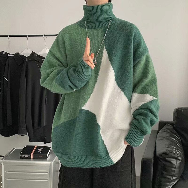 Kontrastfarbe Stehkragen Pullover Oberbekleidung Lazy Wind Verdickte Basis Pullover Herren