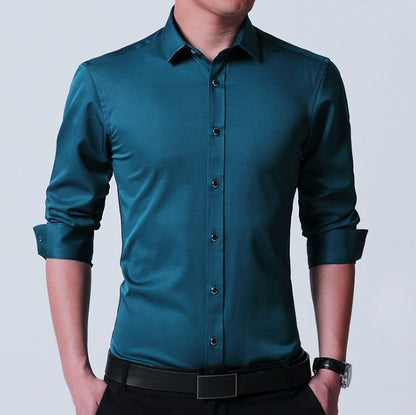 Business dress men's shirt micro-elastic cotton non-iron shirt Slim blue long-sleeved professional shirt