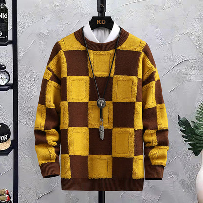Men's Trendy Plaid Round Neck Sweater Loose