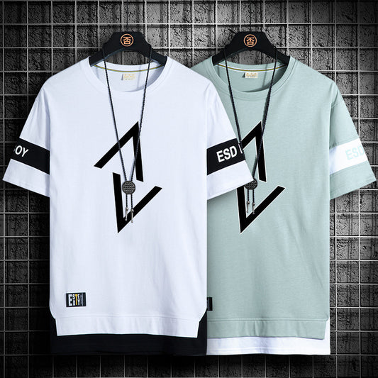 Summer New Fake Two-piece Printed Short-sleeved T-shirt Men Crew Neck Casual - ARCHSHOPE