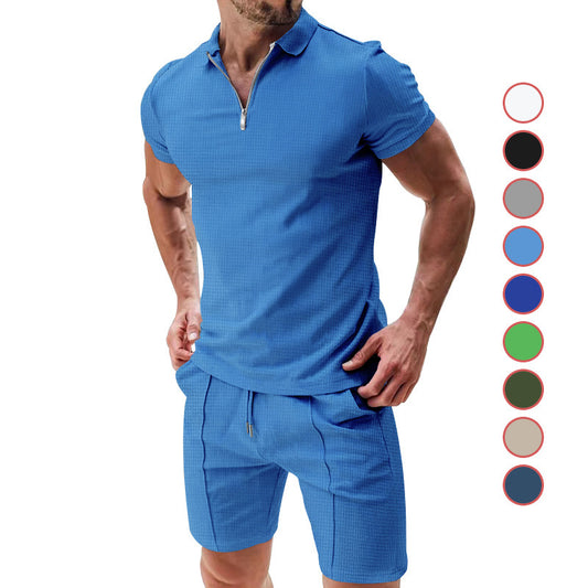 2Pcs Casual Waffle Suit Summer Zipper Lapel Short-sleeved Top And Drawstring Pockets Shorts Versatile Solid Color T-shirt Set For Mens Clothing - ARCHSHOPE