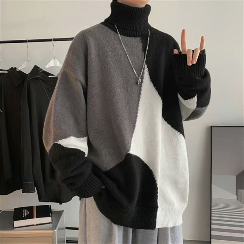 Kontrastfarbe Stehkragen Pullover Oberbekleidung Lazy Wind Verdickte Basis Pullover Herren