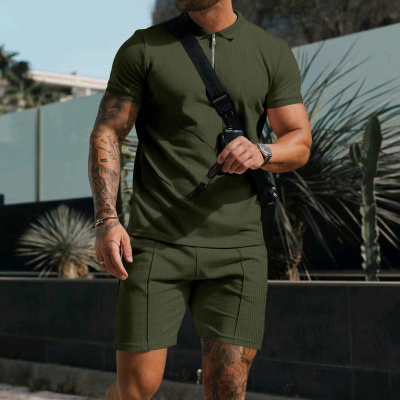 Men's Short Sleeve Shorts Casual Suit Summer Waffle Solid Color Casual Loose Lapels T-shirt Suit Men - ARCHSHOPE