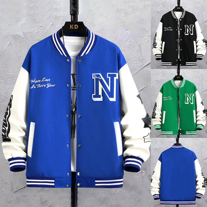 Buchstabendruck-Farbblockjacke Ins Fashion Loose Button Rundhals-Baseballmantel Top für Männer