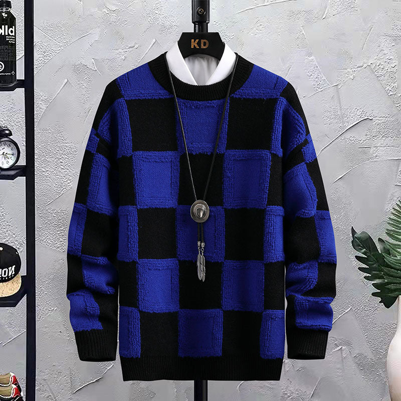 Men's Trendy Plaid Round Neck Sweater Loose