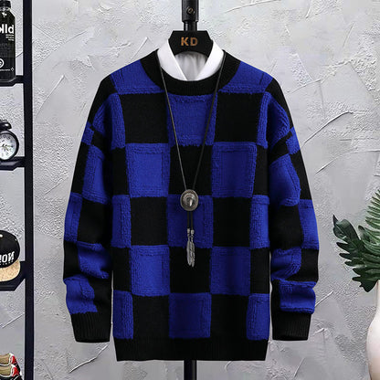 Men's Trendy Plaid Round Neck Sweater Loose