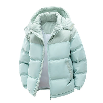 Manteau rembourré en coton avec chapeau amovible pour couple, patchwork de couleurs contrastées, épais