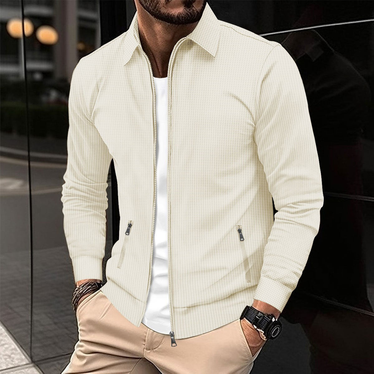 Men's Spring And Autumn Youth Waffle Zipper Pocket Lapels Slim-fit Cardigan Men's Jacket Coat - ARCHSHOPE