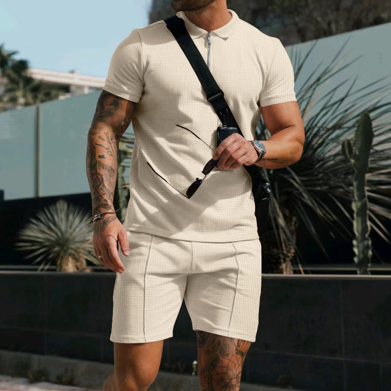 Men's Short Sleeve Shorts Casual Suit Summer Waffle Solid Color Casual Loose Lapels T-shirt Suit Men - ARCHSHOPE