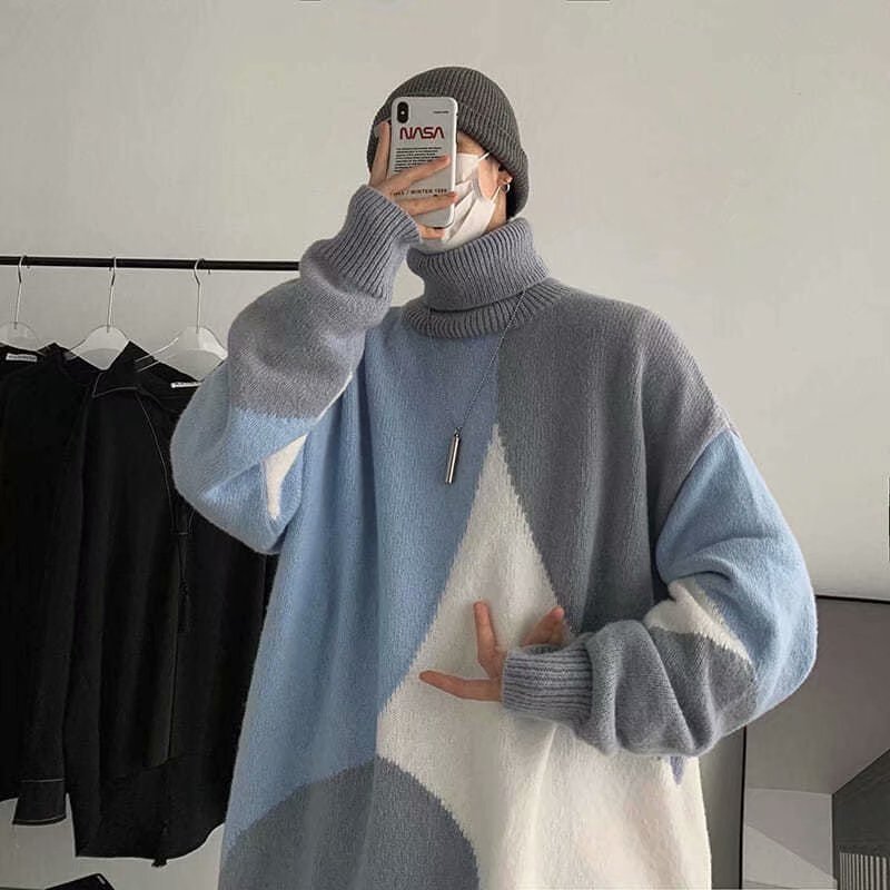 Kontrastfarbe Stehkragen Pullover Oberbekleidung Lazy Wind Verdickte Basis Pullover Herren
