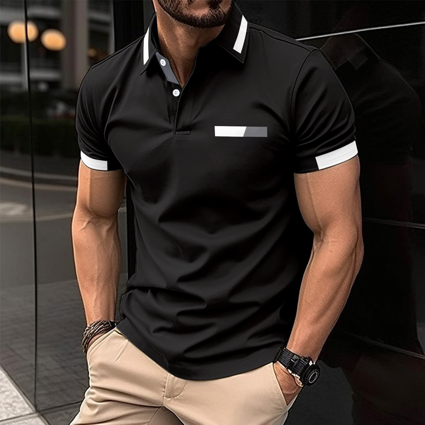Men's Casual Polo Shirt Chest Faux Pocket Lapel Button Business T-shirt - ARCHSHOPE