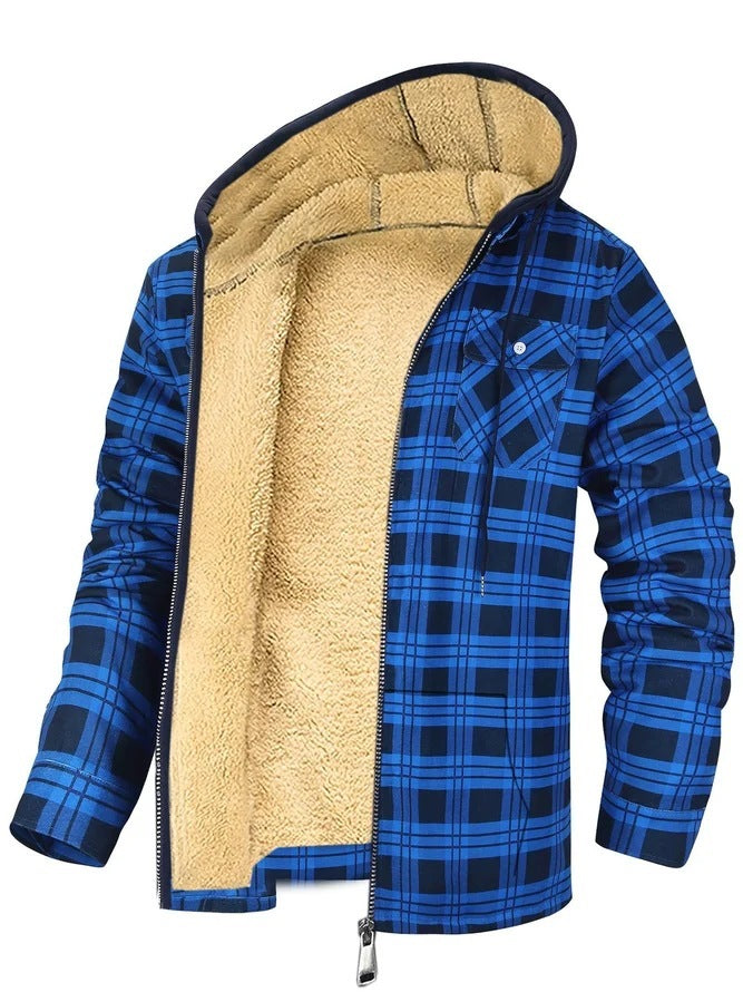 Veste à capuche zippée à imprimé écossais pour homme, manteau d'hiver épais en coton rembourré, vêtements chauds