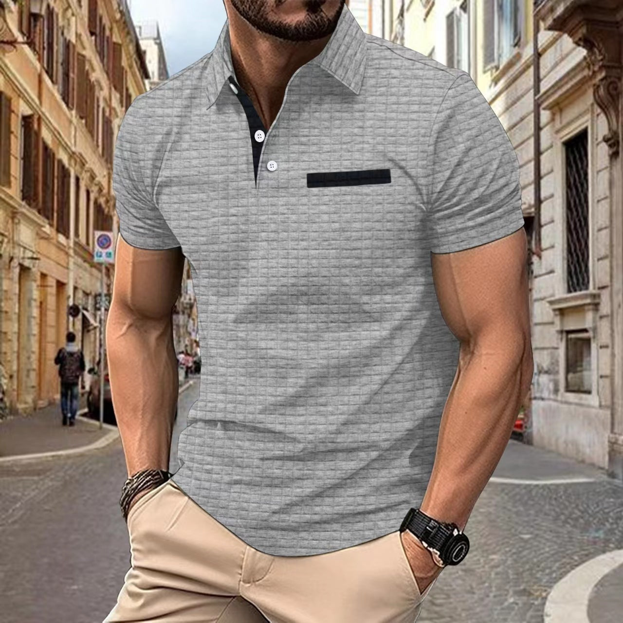 Button Jacquard Plaid Men's Sports Polo Shirt Men - ARCHSHOPE