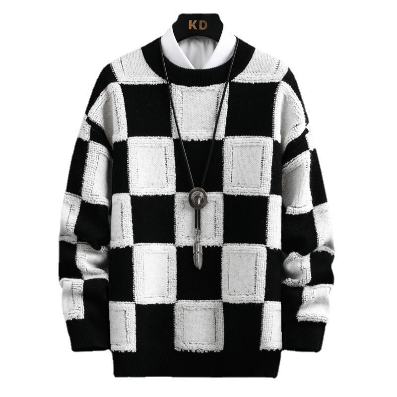 Men's Trendy Plaid Round Neck Sweater Loose