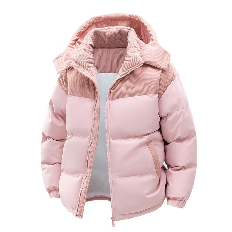 Manteau rembourré en coton avec chapeau amovible pour couple, patchwork de couleurs contrastées, épais