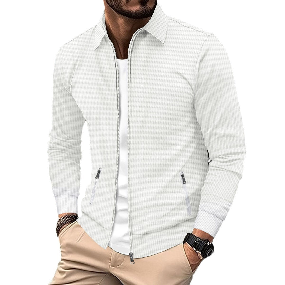 Men's Spring And Autumn Youth Waffle Zipper Pocket Lapels Slim-fit Cardigan Men's Jacket Coat - ARCHSHOPE