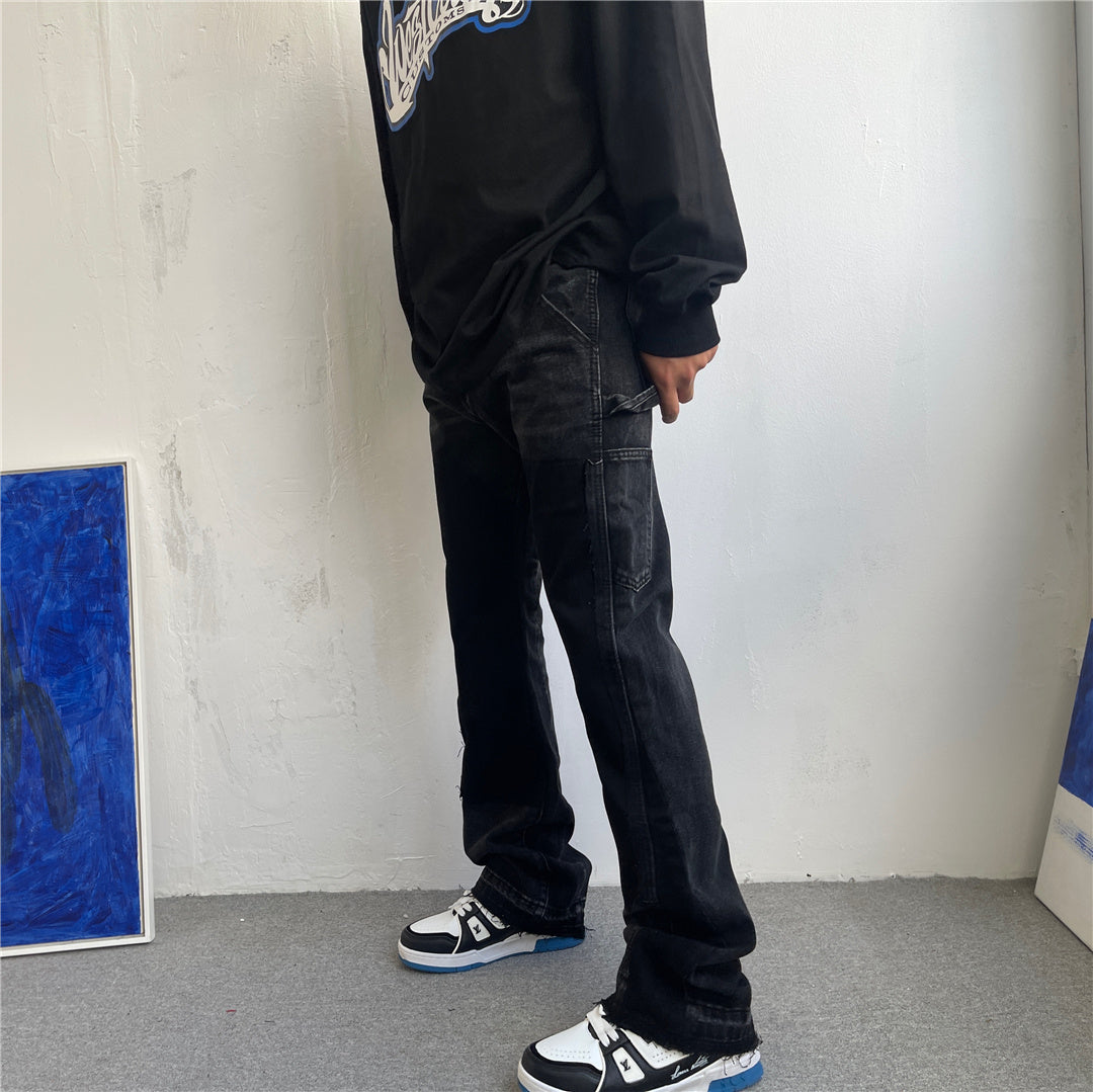 Jean micro-évasé patchwork à bords bruts