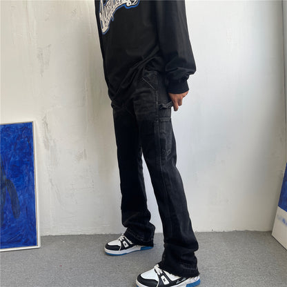 Jean micro-évasé patchwork à bords bruts