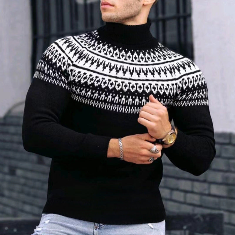 Vintage Patchwork Turtleneck Teenagers Men's Long Sleeve