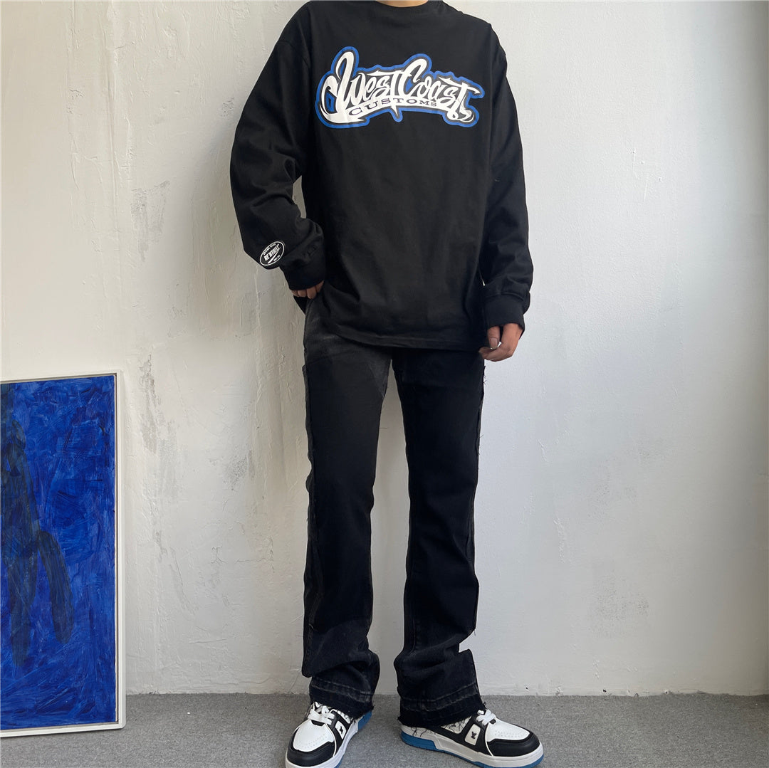 Jean micro-évasé patchwork à bords bruts