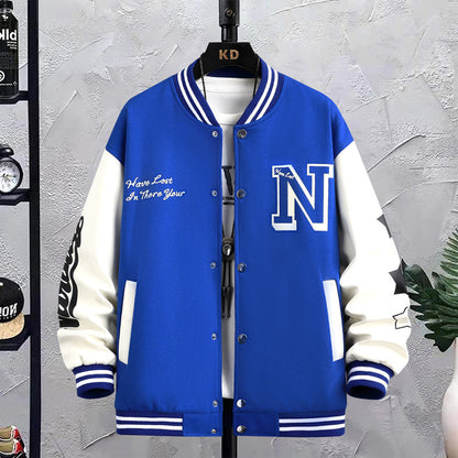 Buchstabendruck-Farbblockjacke Ins Fashion Loose Button Rundhals-Baseballmantel Top für Männer