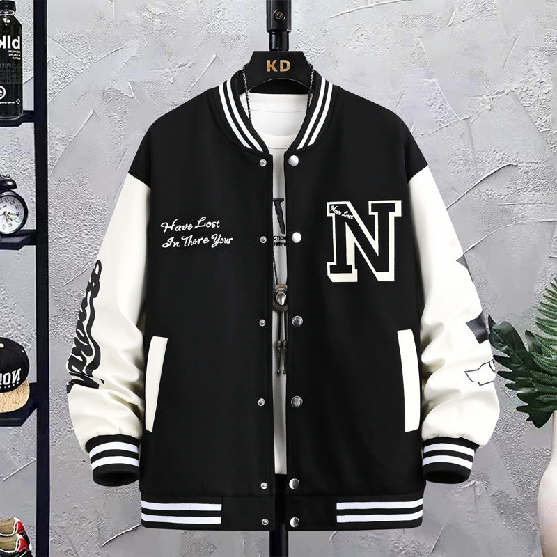 Buchstabendruck-Farbblockjacke Ins Fashion Loose Button Rundhals-Baseballmantel Top für Männer