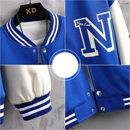 Buchstabendruck-Farbblockjacke Ins Fashion Loose Button Rundhals-Baseballmantel Top für Männer